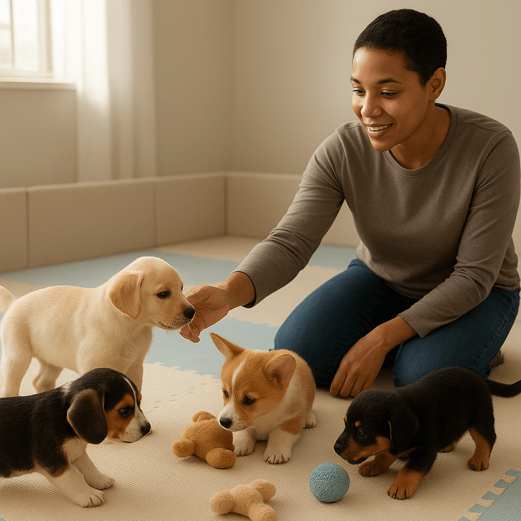 Welpen spielen begleitet in ruhiger Umgebung