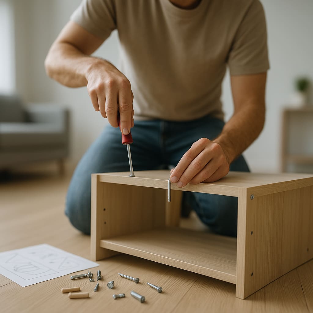 Handyman som monterer møbler i et hjem